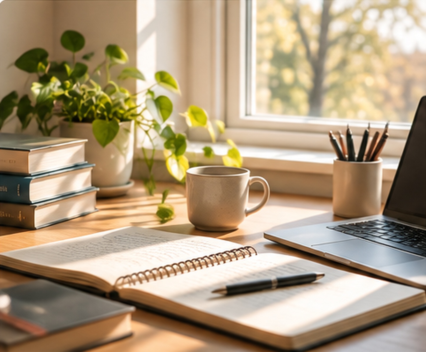 Sunlit study desk with books, notebook, coffee, plant, and laptop